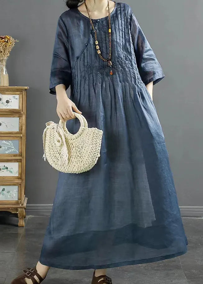 Italian Blue O Neck Embroidered Patchwork Long Linen Dresses Summer