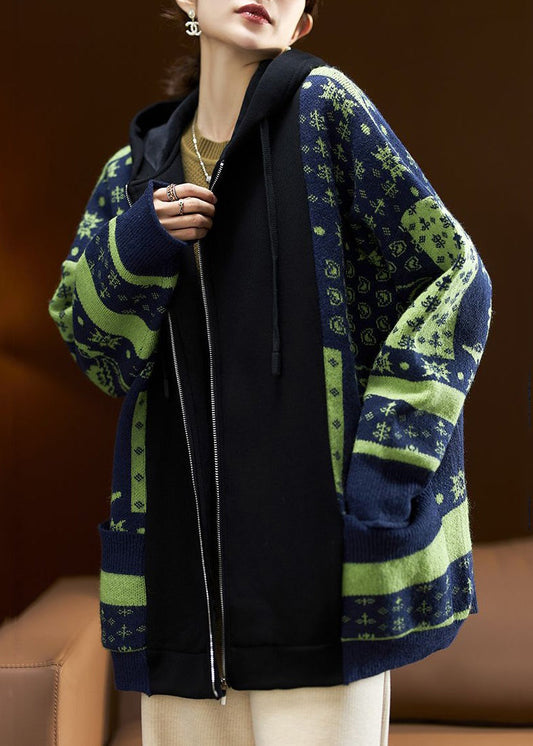 French Navy Hooded Zippered Patchwork Warm Fleece Coats Long Sleeve