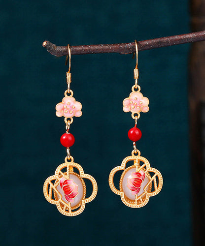 Unique Pink Copper Overgild Jade Enamel Lotus Drop Earrings