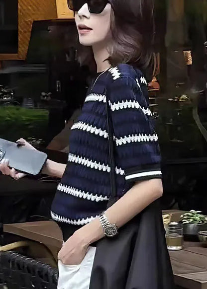 New Navy O Neck Striped Knit Tops Summer