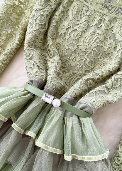 Green Slash Neck Ruffled Patchwork Lace Party Dress Spring