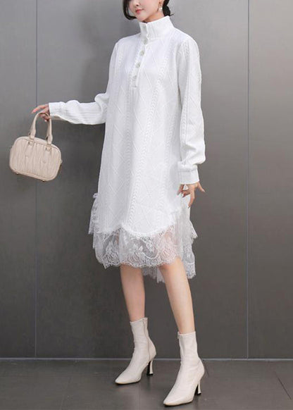 White Peter Pan Collar Lace Patchwork Long Dresses Spring
