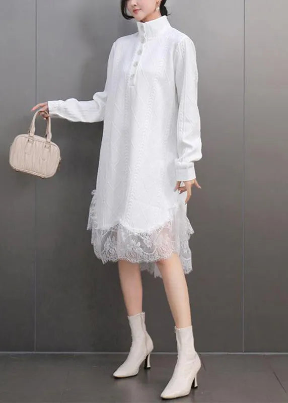White Peter Pan Collar Lace Patchwork Long Dresses Spring
