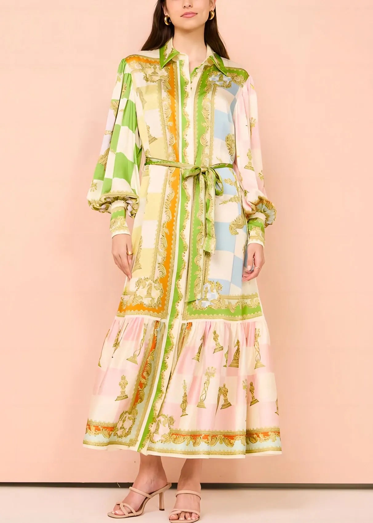Diy Green Peter Pan Collar Button Tie Waist Maxi Dress Lantern Sleeve