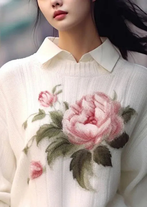 White O Neck Print Cozy Knit Sweaters Fall