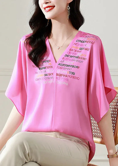 Handmade Rose V Neck Graphic Silk Tops Short Sleeve