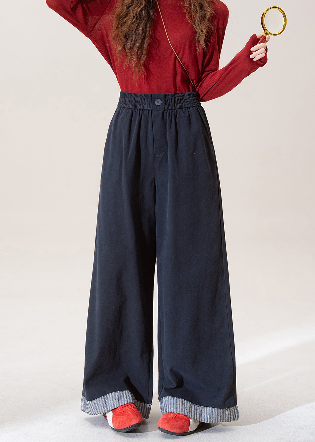 Stylish Blue Elastic Waist Patchwork Denim Wide Leg Pants Fall