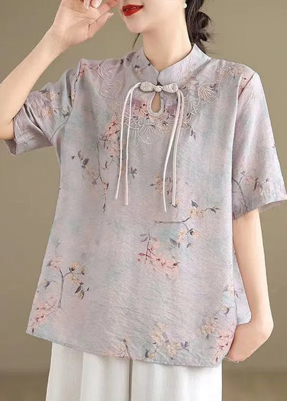Light Purple Tasseled Print Cotton Top Short Sleeve
