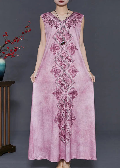 Purple Embroidered Tie Dye Cotton Dress Sleeveless