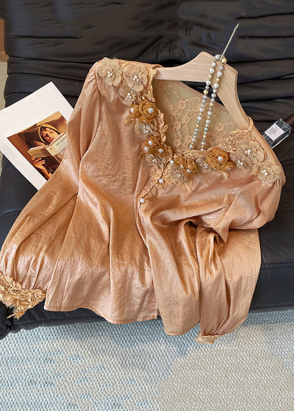 V Neck Button Lace Patchwork Silk Shirt Fall