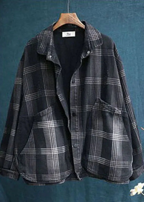 Diy Black Peter Pan Collar Pockets Plaid Denim Coats Spring