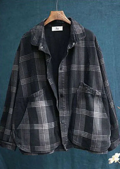 Diy Black Peter Pan Collar Pockets Plaid Denim Coats Spring