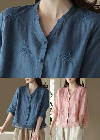 Blue V Neck Embroidered Ramie Shirt Half Sleeve