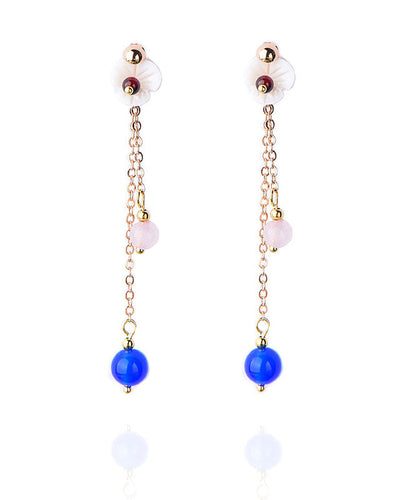 Blue Agate Shellfish Flower Tassel 14k Gold Drop Earrings