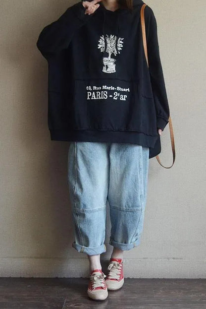 Plant Print 100% Cotton Hooded Spring Sweatshirt