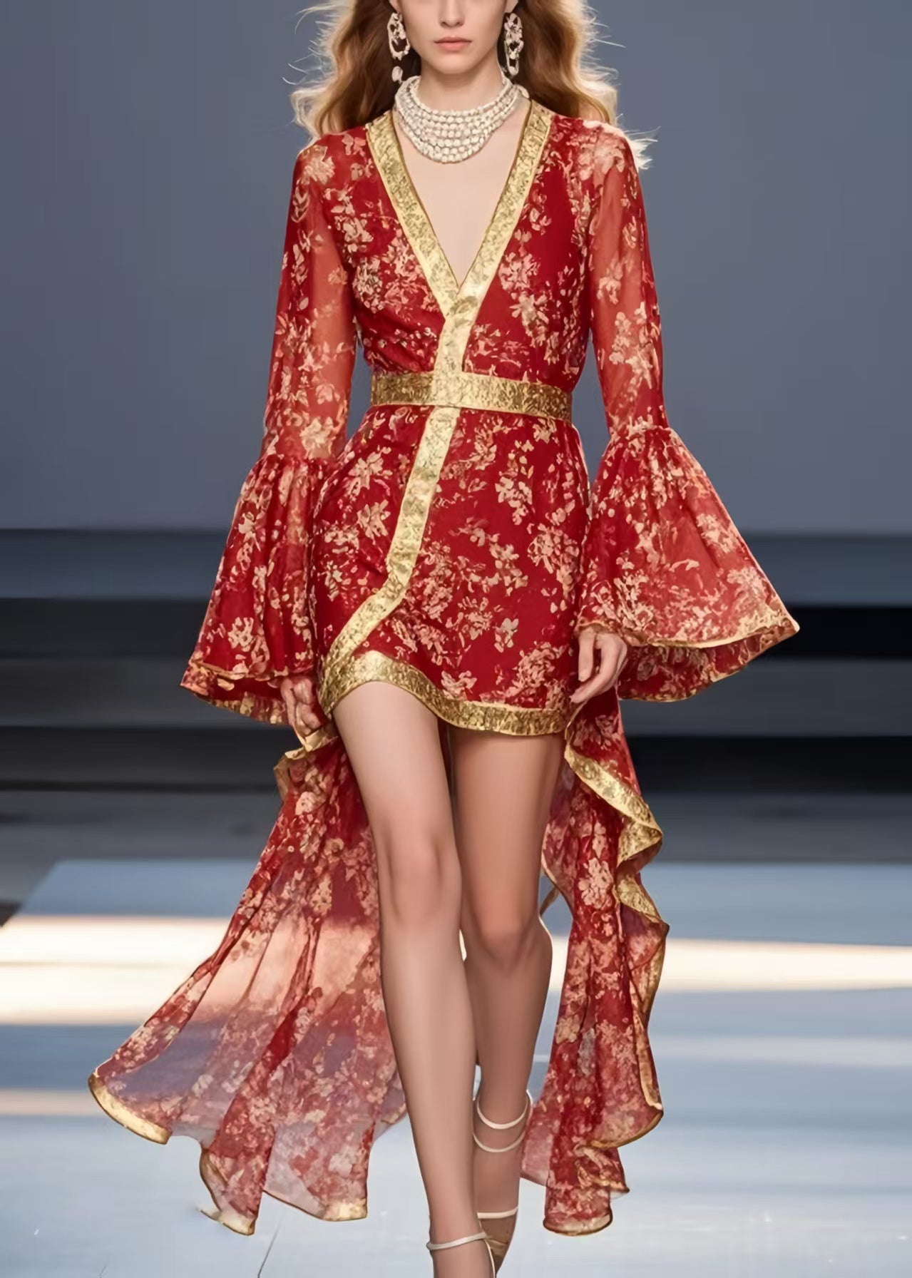 Red Print Asymmetrical Design Chiffon Mid Dress Flare Sleeve