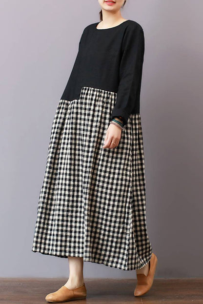 Loose Plaid Dress, Linen Literary Maxi Dress for Spring