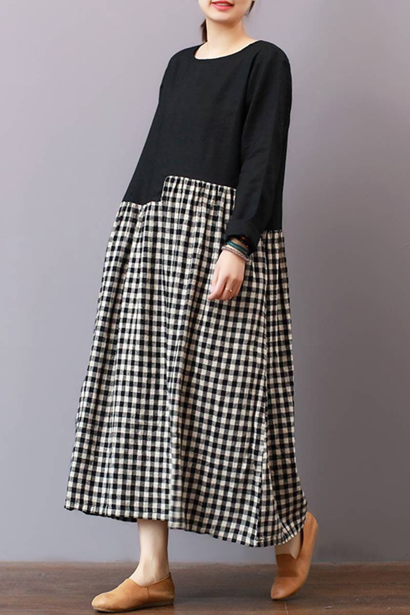 Loose Plaid Dress, Linen Literary Maxi Dress for Spring
