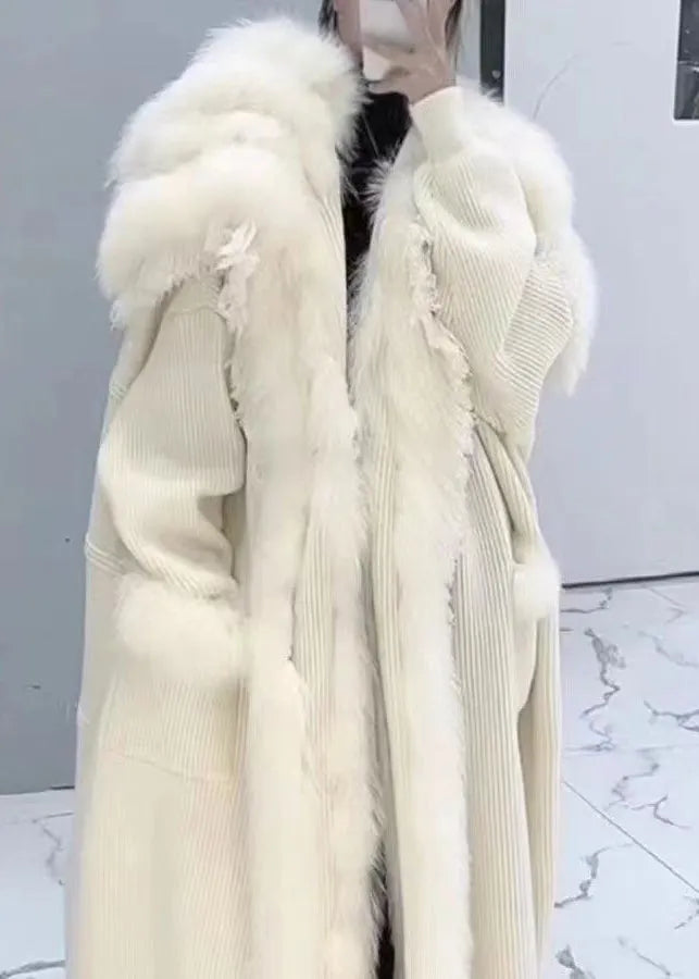 Classy Beige Fox Collar Patchwork Knit Cardigan Winter