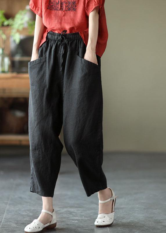 Art Black Flower Tie Waist Pockets Summer Harem Pants Linen
