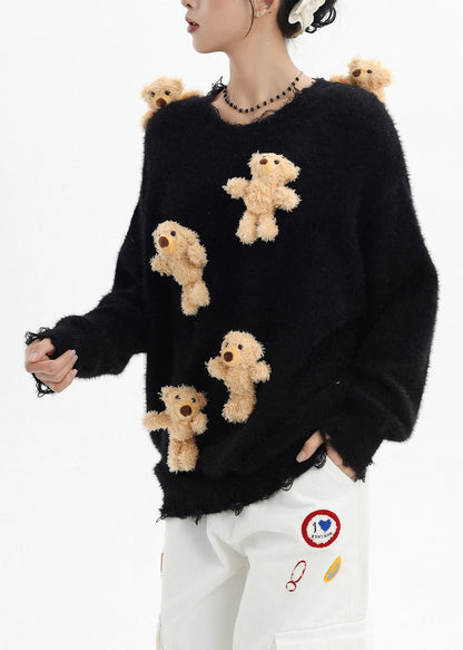 Stylish Black Oversized Bear Ripped Knitted Tops Winter