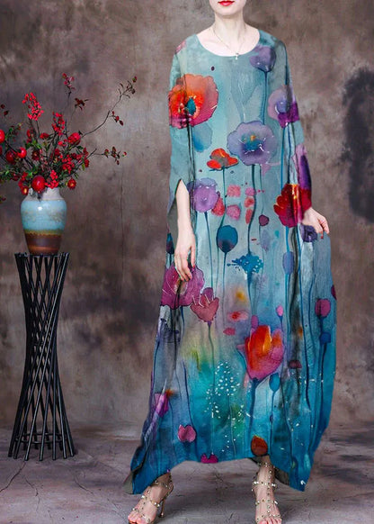 Loose Green O-neck Asymmetrical Design Print Silk Beach Dress Gown Batwing Sleeve