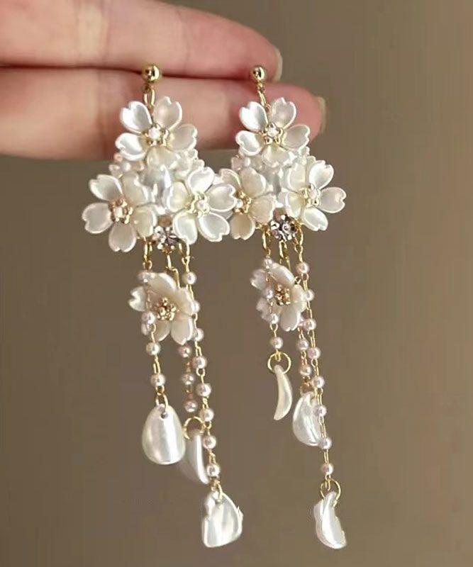 Diy White Alloy Pearl Tassel Drop Earrings