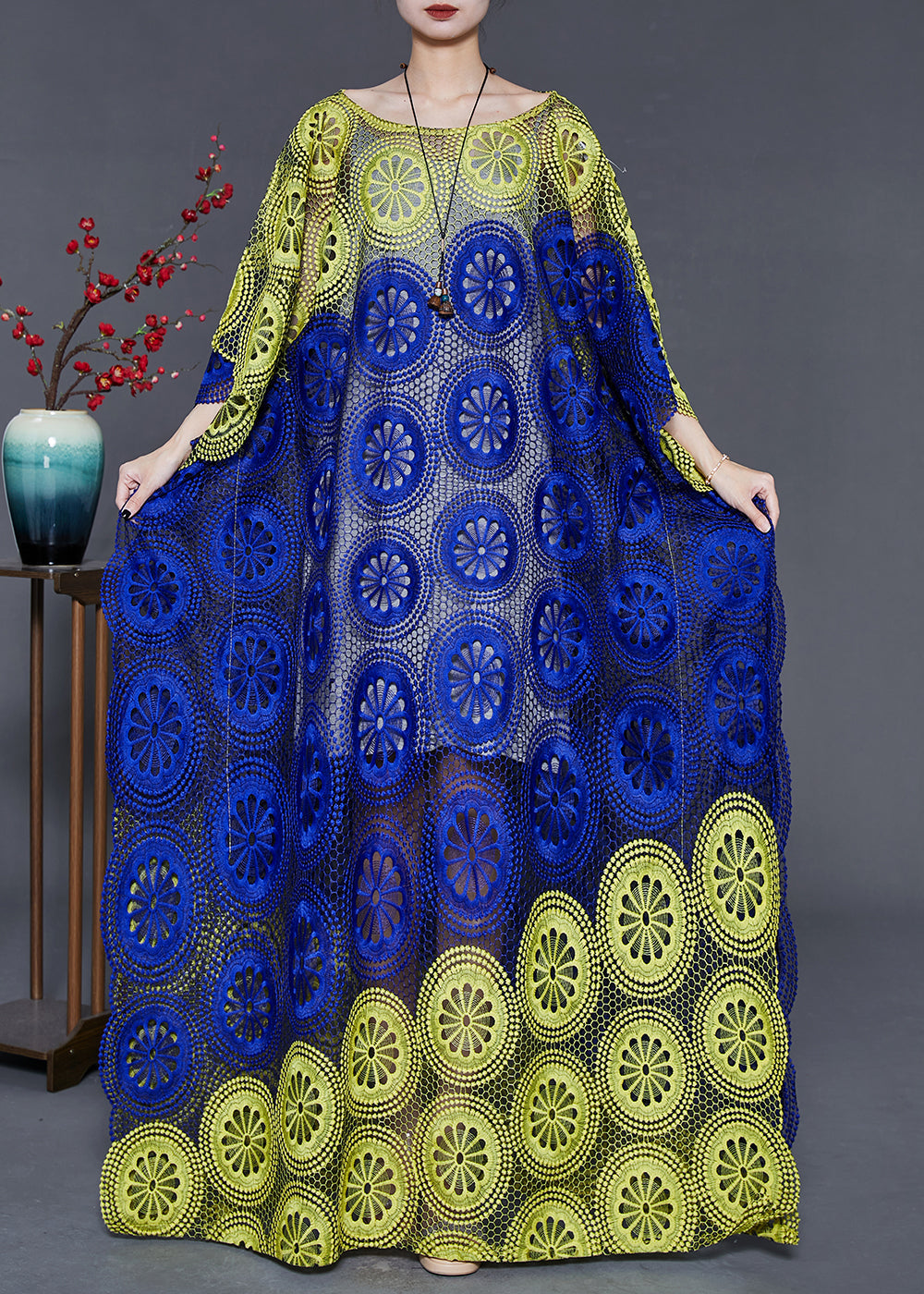 Blue Green Oversized Hollow Out Lace Dress Summer