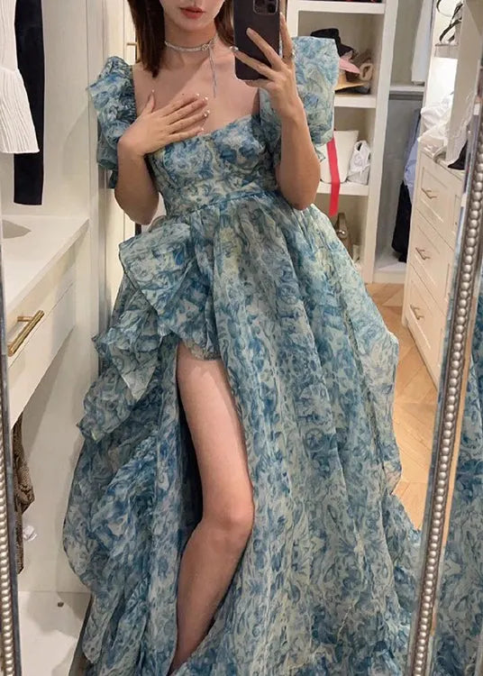 Blue Print Ruffled Side Open Chiffon Maxi Dresses Summer