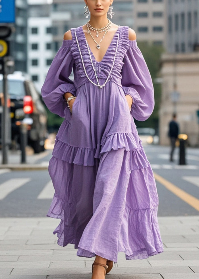 Purple Cold Shoulder Wrinkled Cotton Vacation Dresses Lantern Sleeve