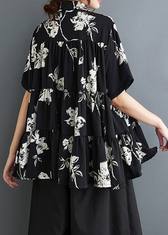 Black Print Cotton a Line Tops Oversized Summer