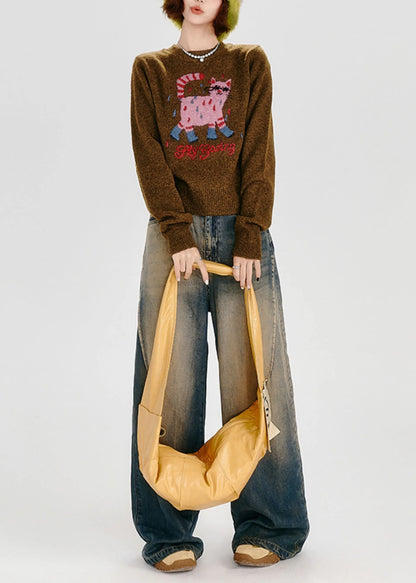 Fitted Caramel Embroidered Dog Thick Knit Sweater Tops Winter