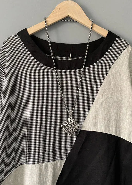 Plaid Print O Neck Patchwork Cotton Mid Dress Summer