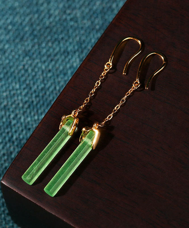 Green Ancient Gold Jade Rectangle Drop Earrings