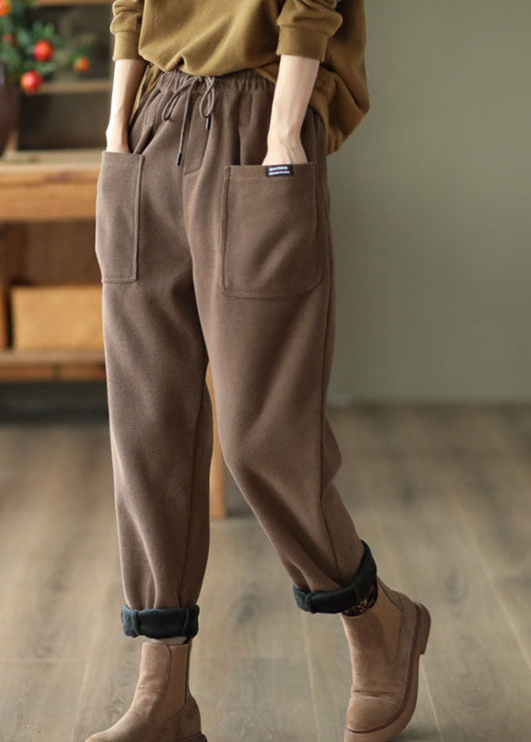 Khaki Elastic Waist Drawstring Pockets Warm Fleece Pants Winter