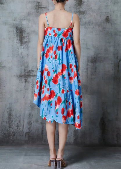 Blue Asymmetrical Print Cotton Summer Dress