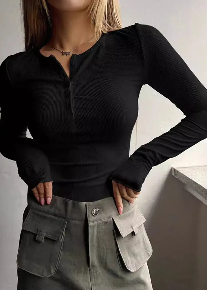 Pink O Neck Button Slim Fit Knit Top Fall