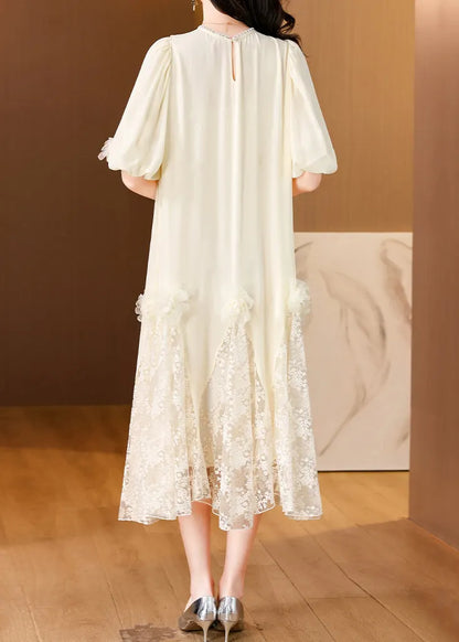 Beige Florallace Patchwork Long Dresses O-neck Summer
