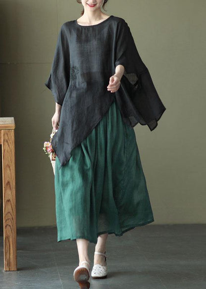 Art Yellow Text Asymmetrical Design Embroidered Summer Ramie Shirt Tops