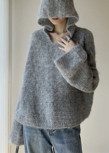 Grey Hooded Cotton Knit Sweaters Winter