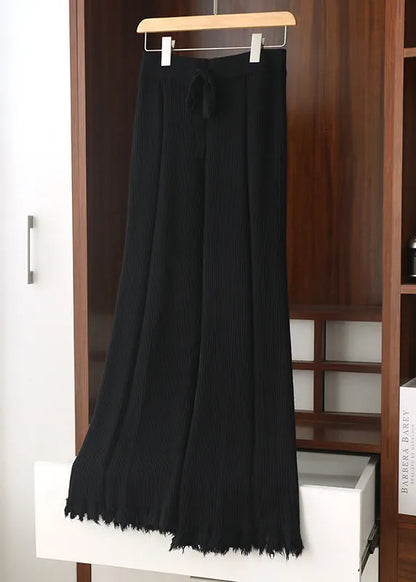 Slim Fit Coffee Tasseled Drawstring Knit Flared Trousers Spring