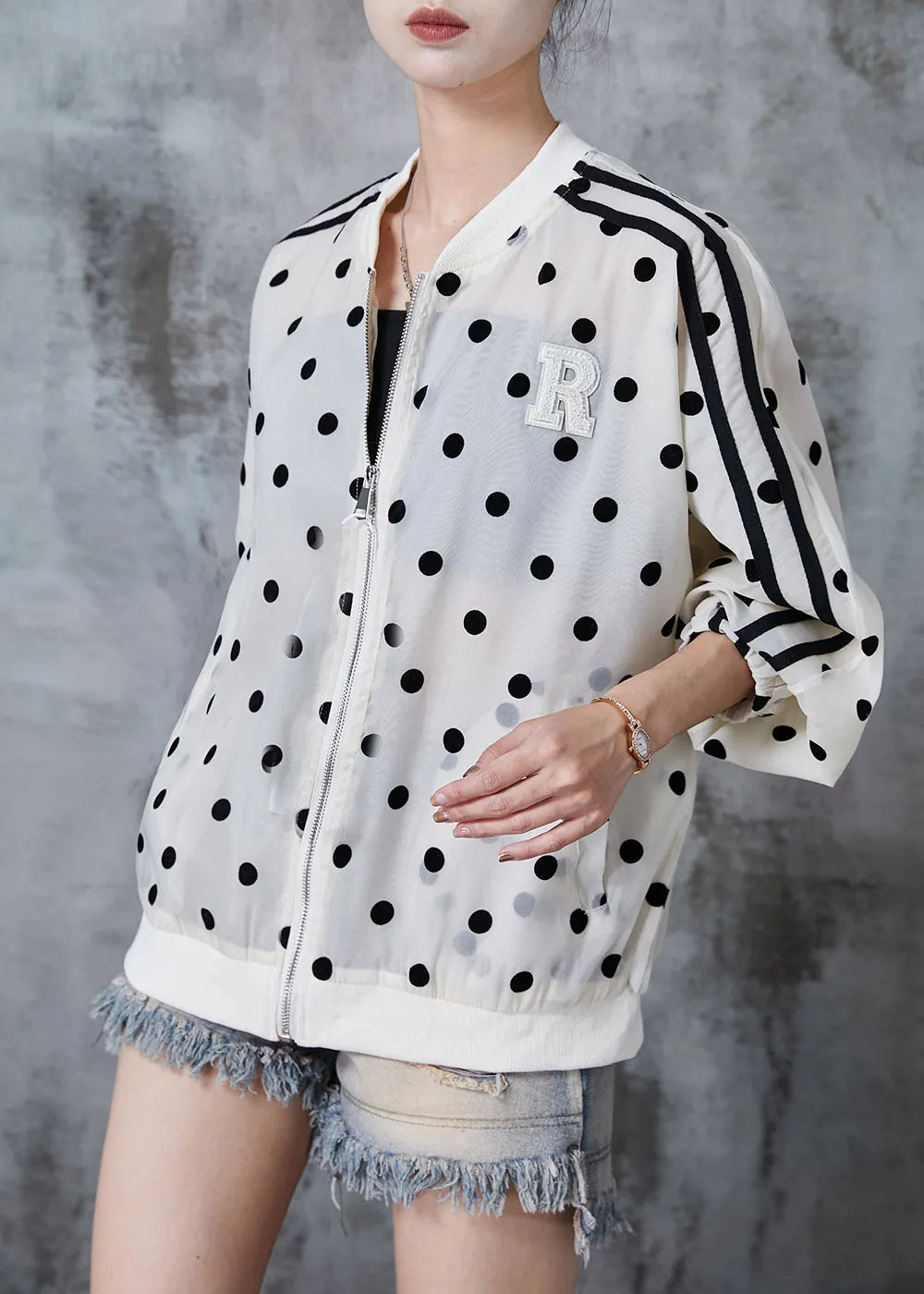 Beige Oversized Dot Print Spandex Jackets Fall