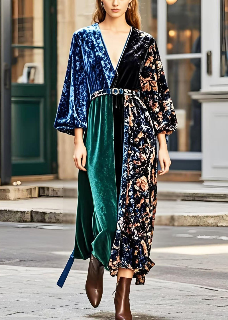 V Neck Patchwork Print Silk Velvet Dress Spring