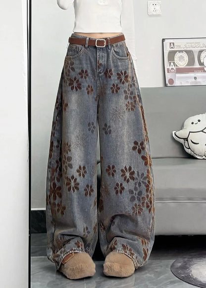 Navy Oversized Print Denim Pants Spring