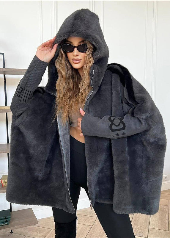 Brown Zippered Patchwork Faux Fur Hoodie Coat Winter