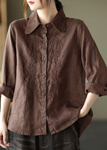 Organic White Loose Embroidered Fall Linen Long Sleeve Blouse Tops