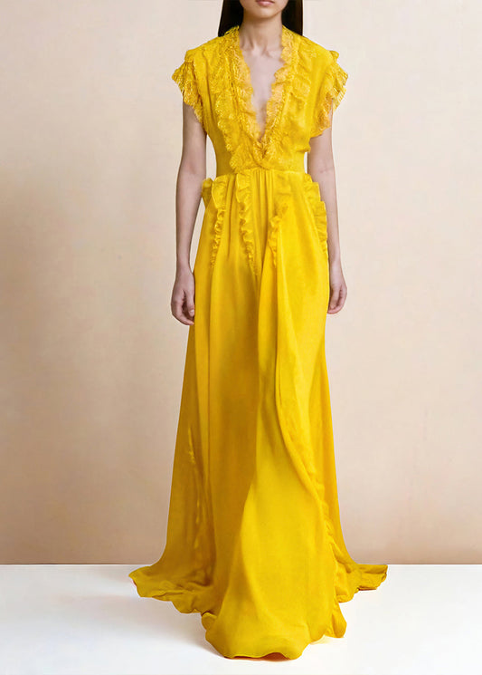 Boutique Yellow V Neck Ruffled Patchwork Silk Dresses Summer