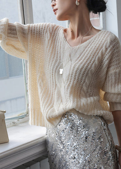 Coffee V Neck Cotton Knit Sweater Spring