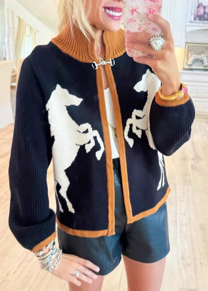 Black Stand Collar Print Knit Cardigan Fall