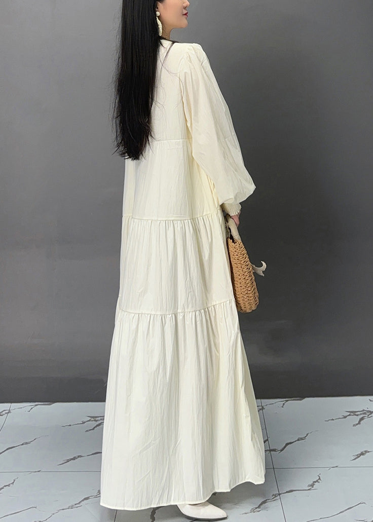 Beige Button Print Pockets Cotton Dresses Fall